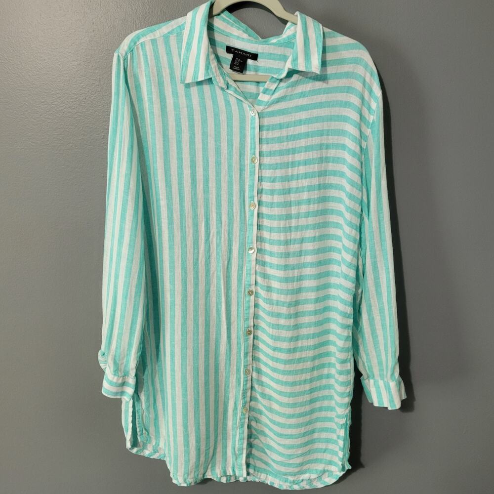 Tahari Tunic Top Size XL Linen Blend Beachy Nautical Lightweight Striped Button
